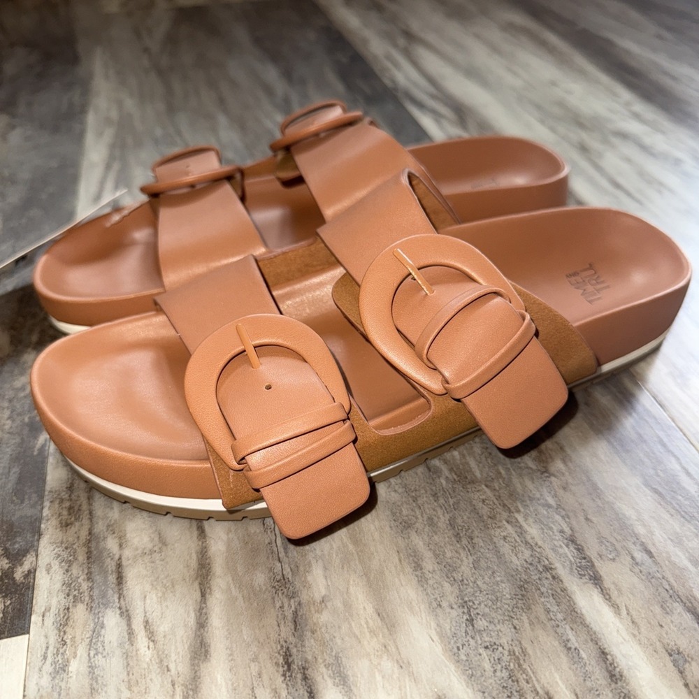 Tan Faux Leather Slides Sandals Sz 8 Comfort Footbed Adjustable Women's